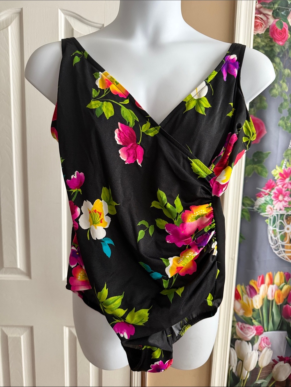 Miraclesuit Black Floral V-Neck swimsuit